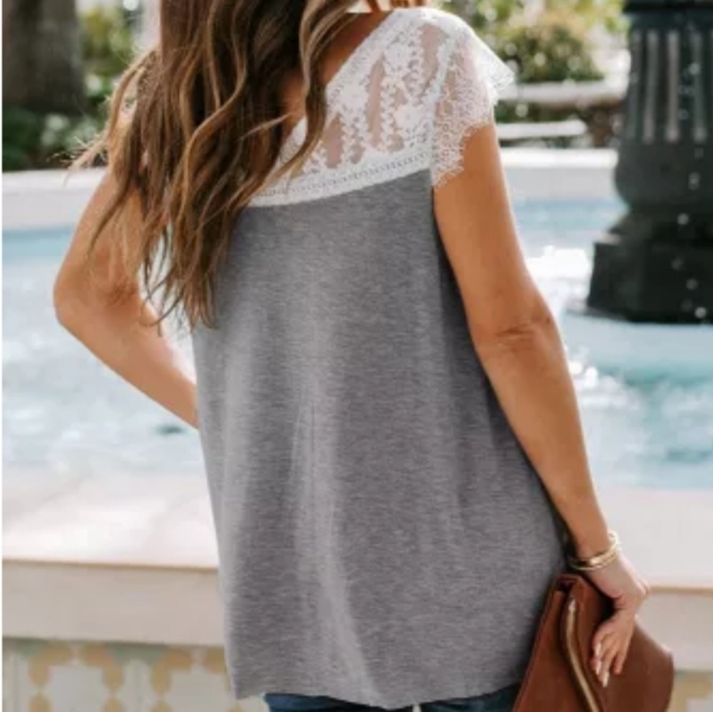 Large Taylor Grey Gypsy Boho & White Lace Chic Tee - Picture 3 of 5